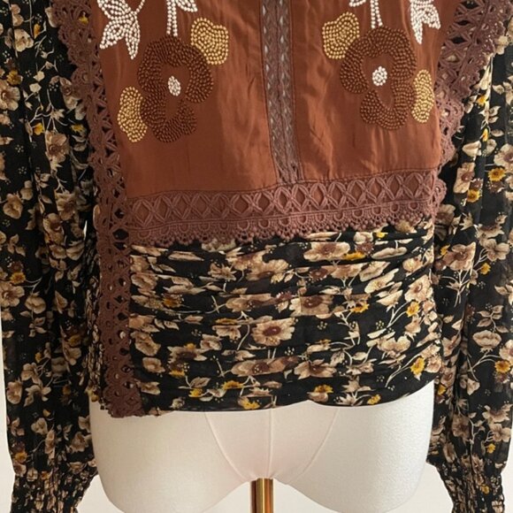 Embroidered Floral Blouse Womens M Boho Prairie Western Folk Open Back Romantic - Picture 4 of 12